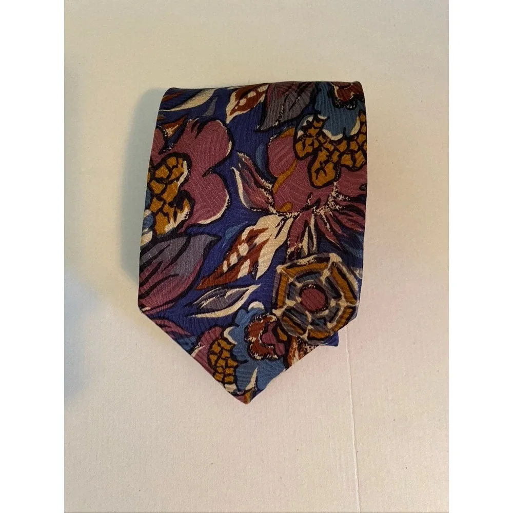 Chez Roffe New York Mens Silk Necktie Abstract Floral Purple Blue Gold USA Made